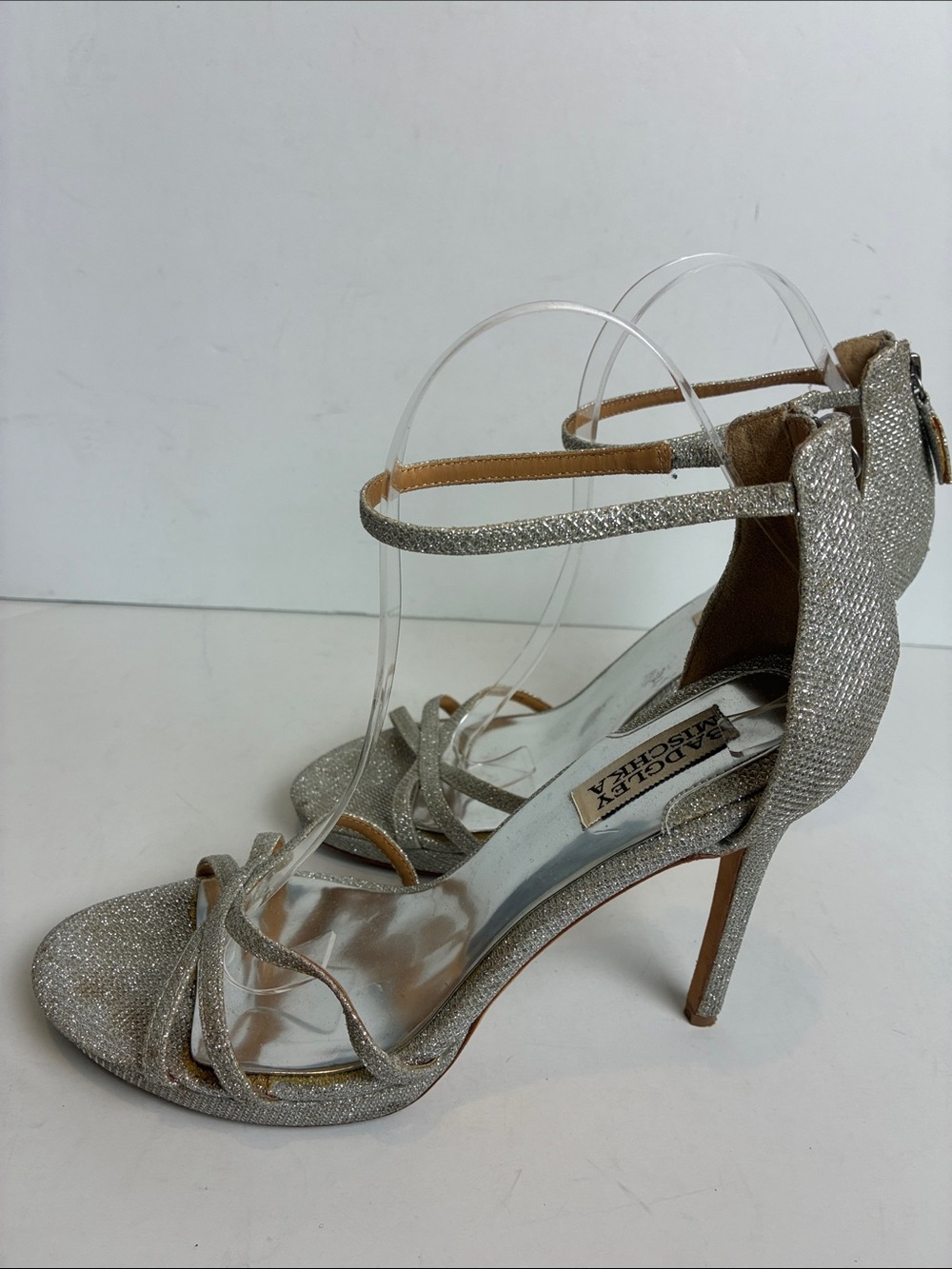 Badgley Mischka Signify Metallic High Heel Sandals Silver Strappy Leather Sole 9